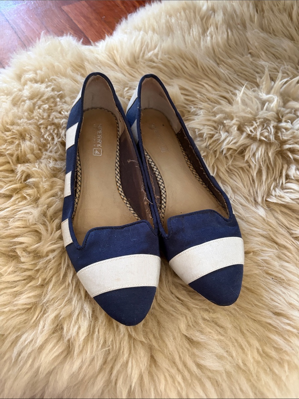 Sperry Navy and White Striped Pointed Toe Flats - Picture 1 of 4
